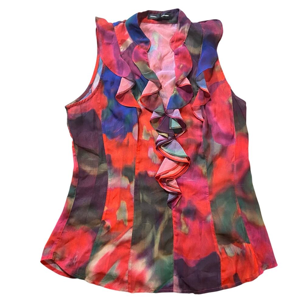 Express Design Studio Ruffle Collar Sleeveless Watercolor Multicolor Top, Sz S